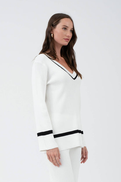 White Contrast V Neck Sweater