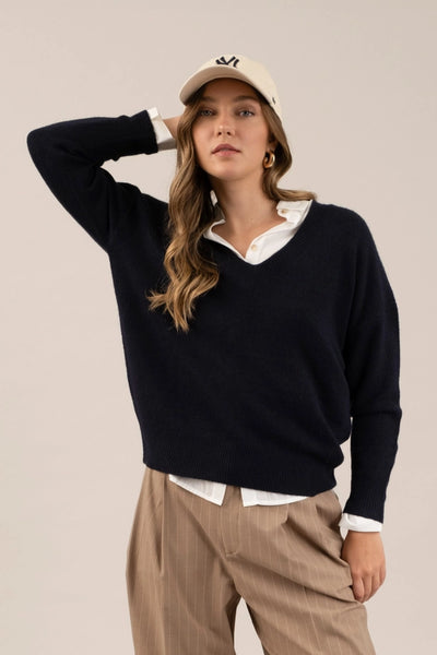 Navy Drop Shoulder V Neck Sweater