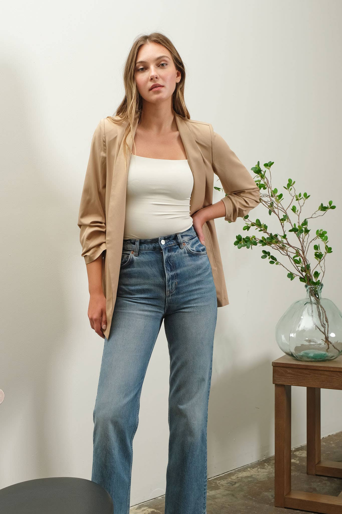 Collarless Ruched Sleeve Longline Blazer