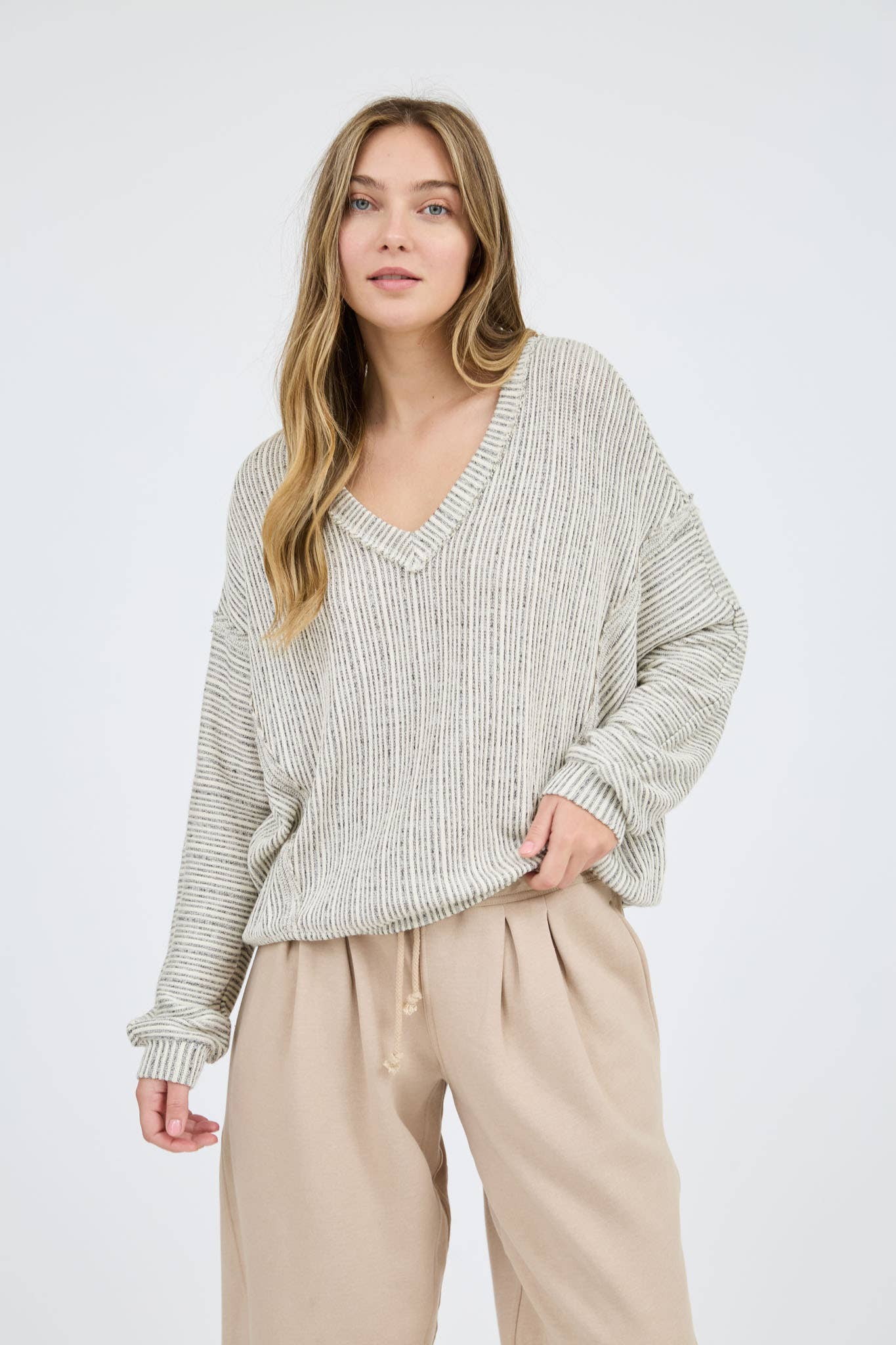Striped V Neck Knit Top