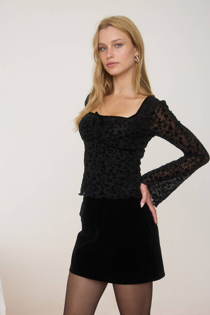 Black Velvet Floral Knit Top