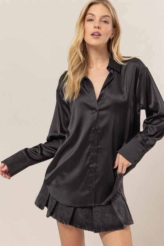 Satin Button Down Blouse-Shirts & Tops-Bottoms Up Boutique-Anchorage AK