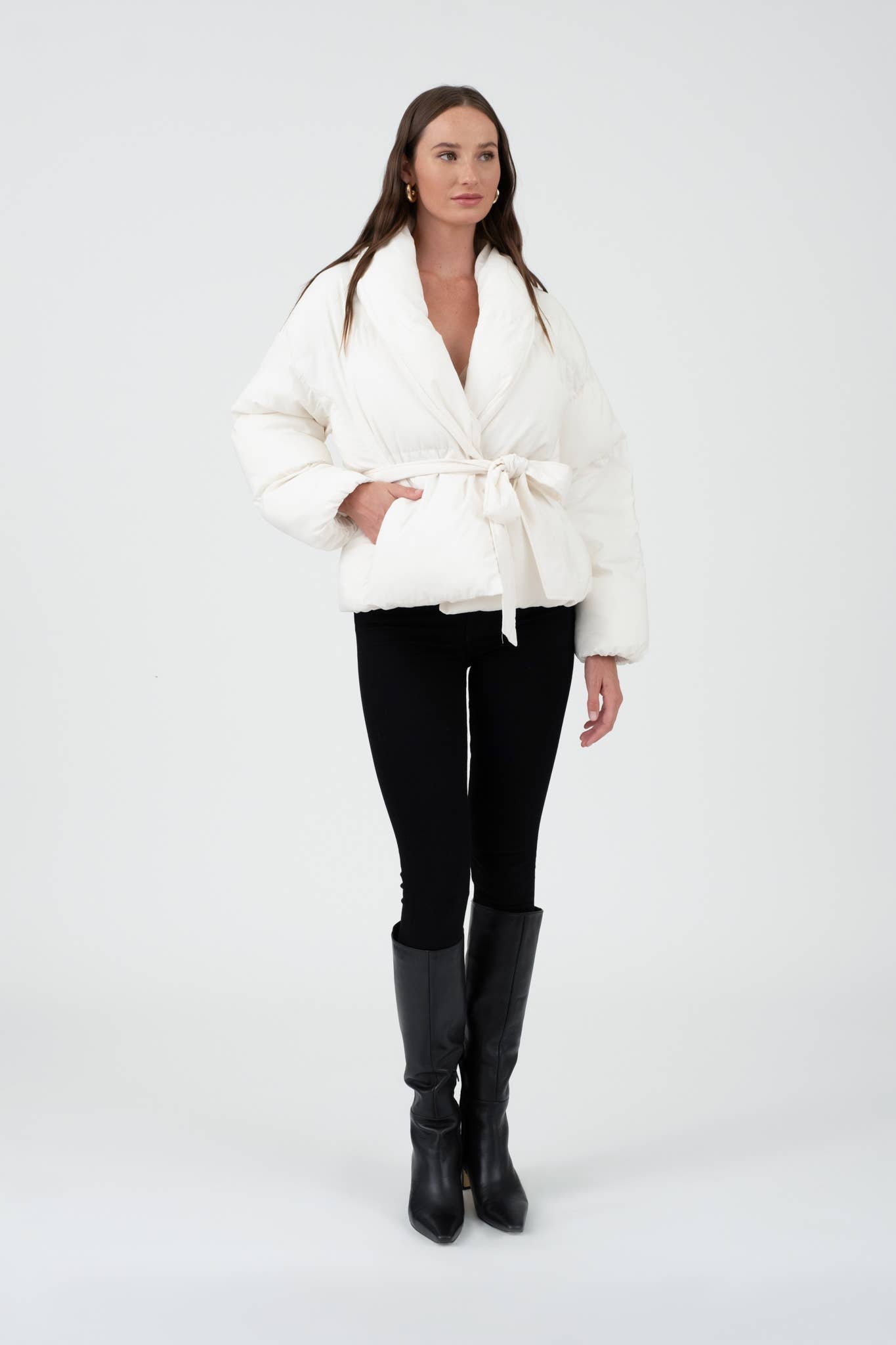 Cream Waist Tie Puffer Jacket