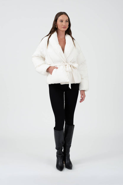 Cream Waist Tie Puffer Jacket
