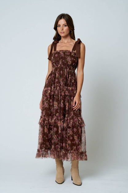 Floral Chiffon Tie Strap Midi Dress