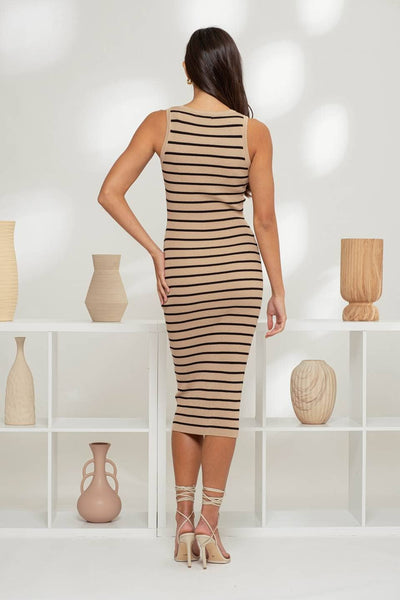 Striped Sleeveless Henley Knit Midi Dress - Deep Taupe