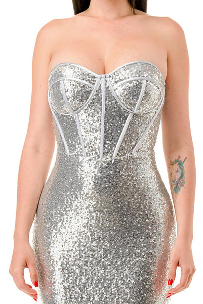 Silver Strapless Sequin Dress