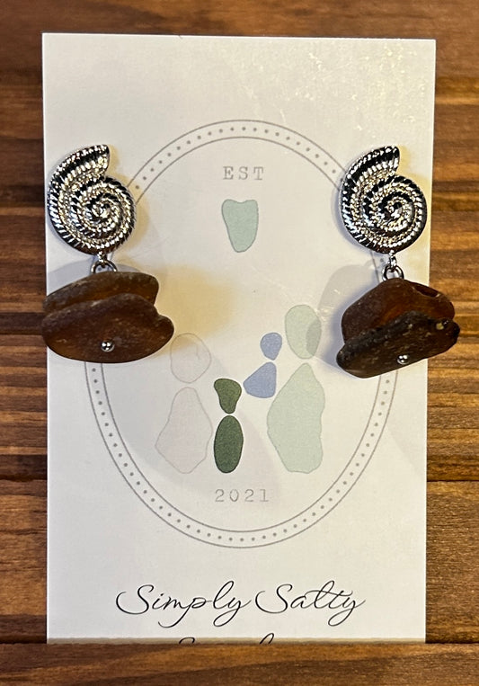 Silver Seashell Stud Earrings w/ Double Amber Seaglass