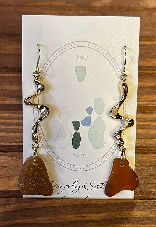 Gold Wavy Bar Drop Earrings w/ Amber Seaglass