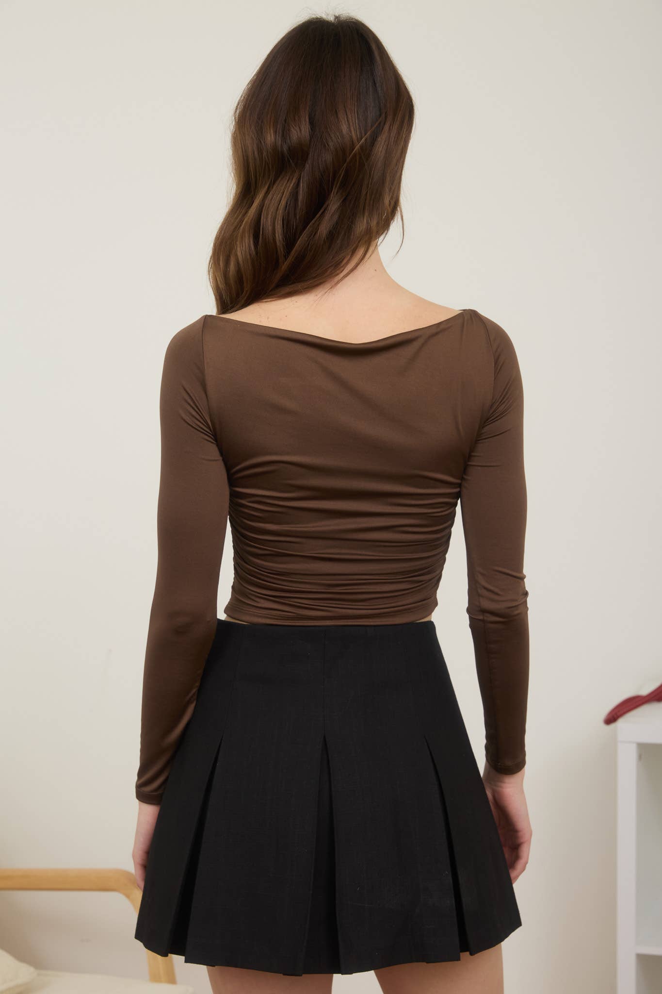Ruched Boat Neck Long Sleeve in Taupe