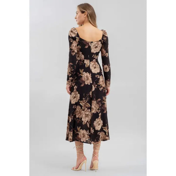 Floral Square Neck Long Sleeve Dress