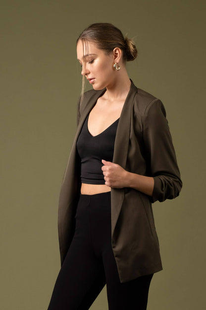Collarless Ruched Sleeve Longline Blazer