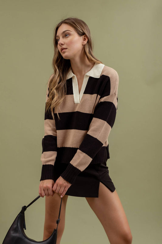 Striped Contrast Collar Long Sleeve Knit-Tops-Bottoms Up Boutique-Anchorage AK