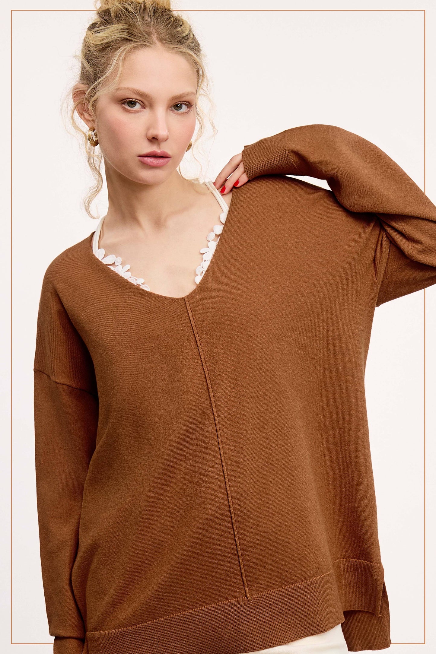 Camel V-neck Knit Top
