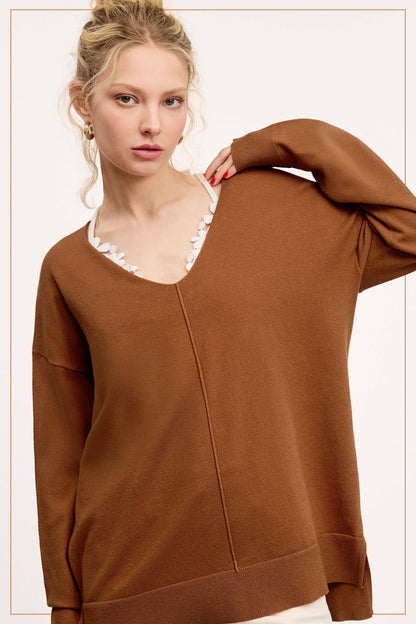 Camel V-neck Knit Top