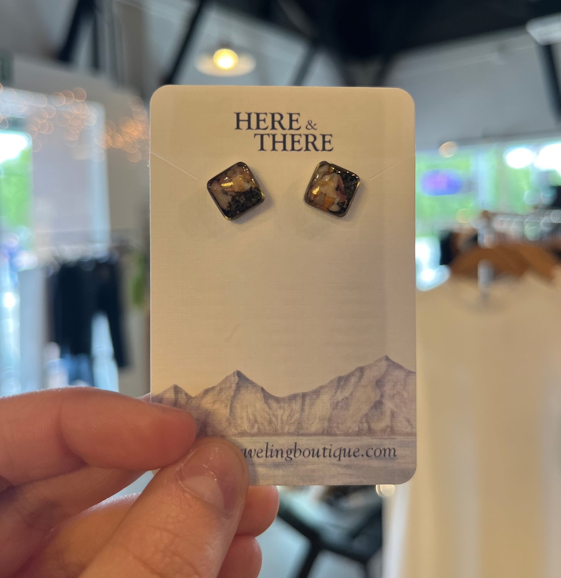 Destination Square Stud Earrings-Jewelry-Kincaid Park Sand Dunes Sand W/ Shell - Stainless Steel-Bottoms Up Boutique-Anchorage AK