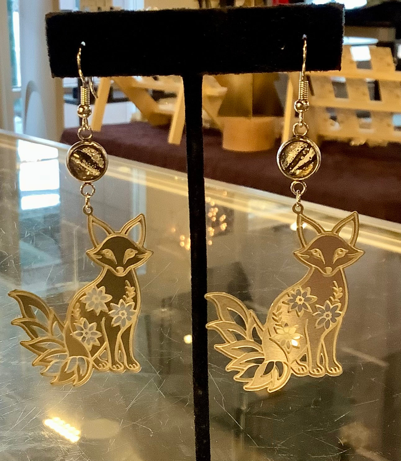 Hand-Painted Silver Circle Fox Earrings