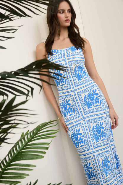 Floral Tile Print Spaghetti Strap Midi Dress