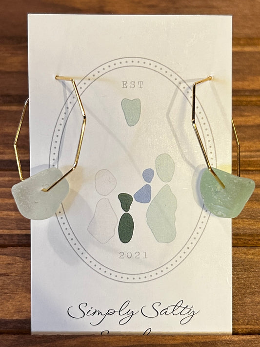 Gold Hexy Hoop Earrings w/ Aqua Seaglass