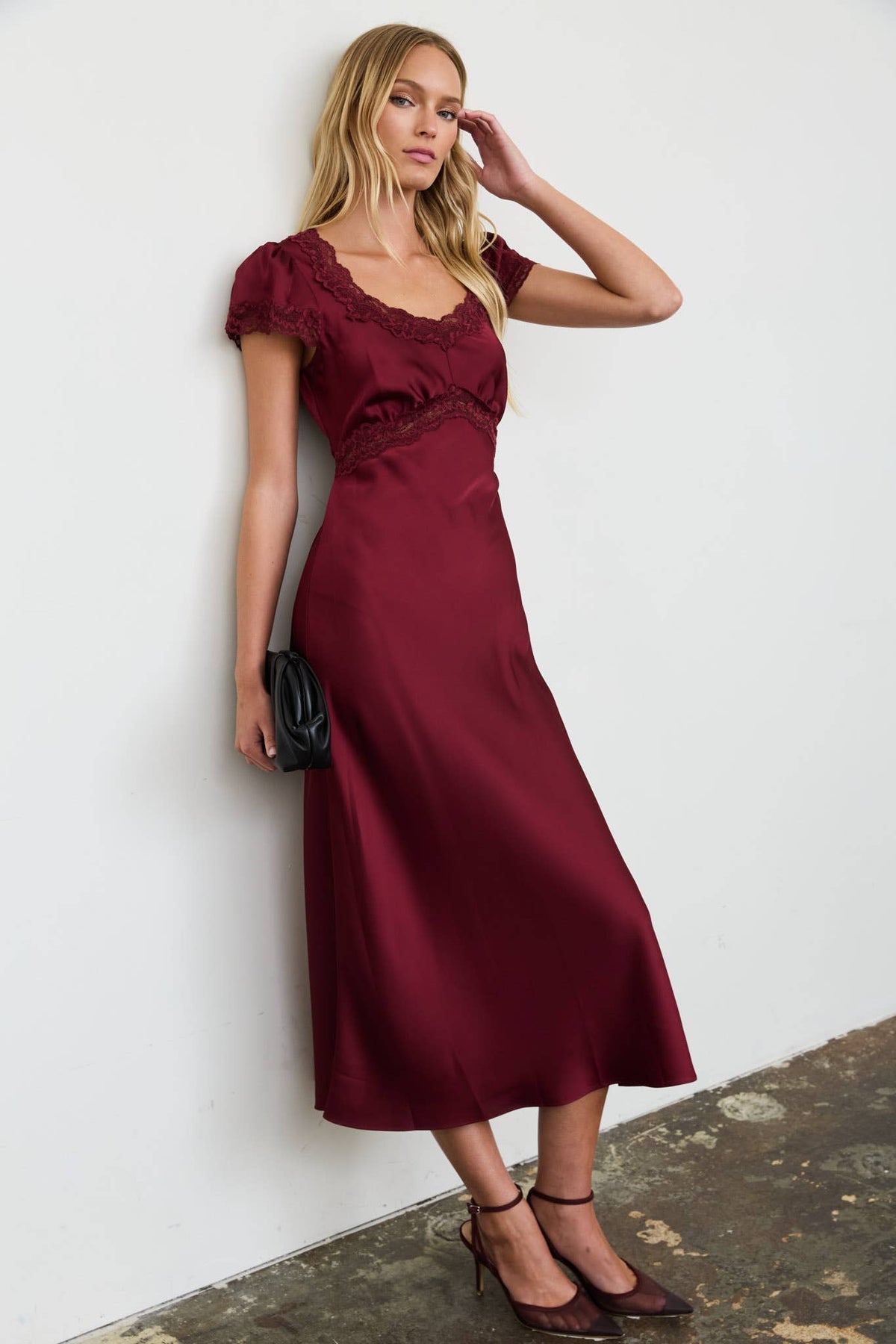 Satin Lace Trim Midi Dress-Dresses-The Workshop Studio-Bottoms Up Boutique