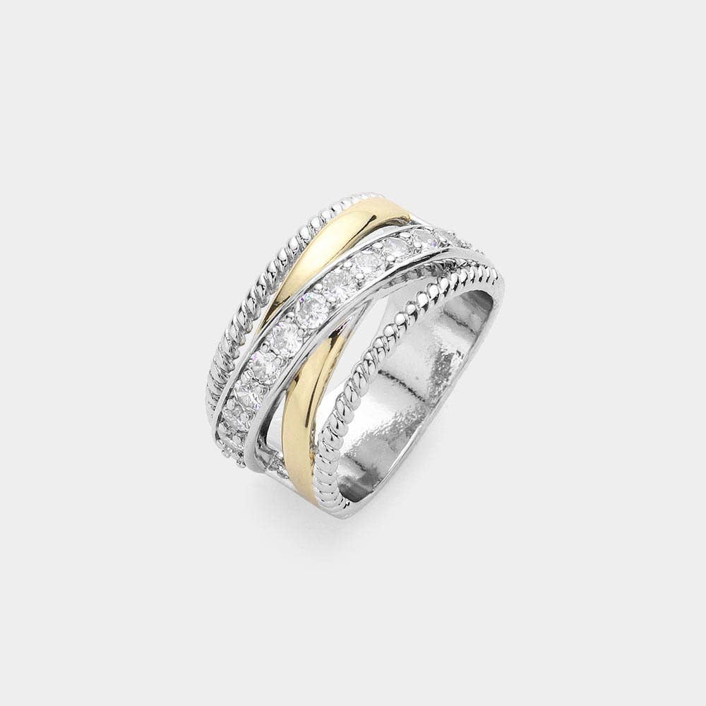 Stone Paved Two Tone Criss Cross Ring
