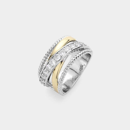 Stone Paved Two Tone Criss Cross Ring