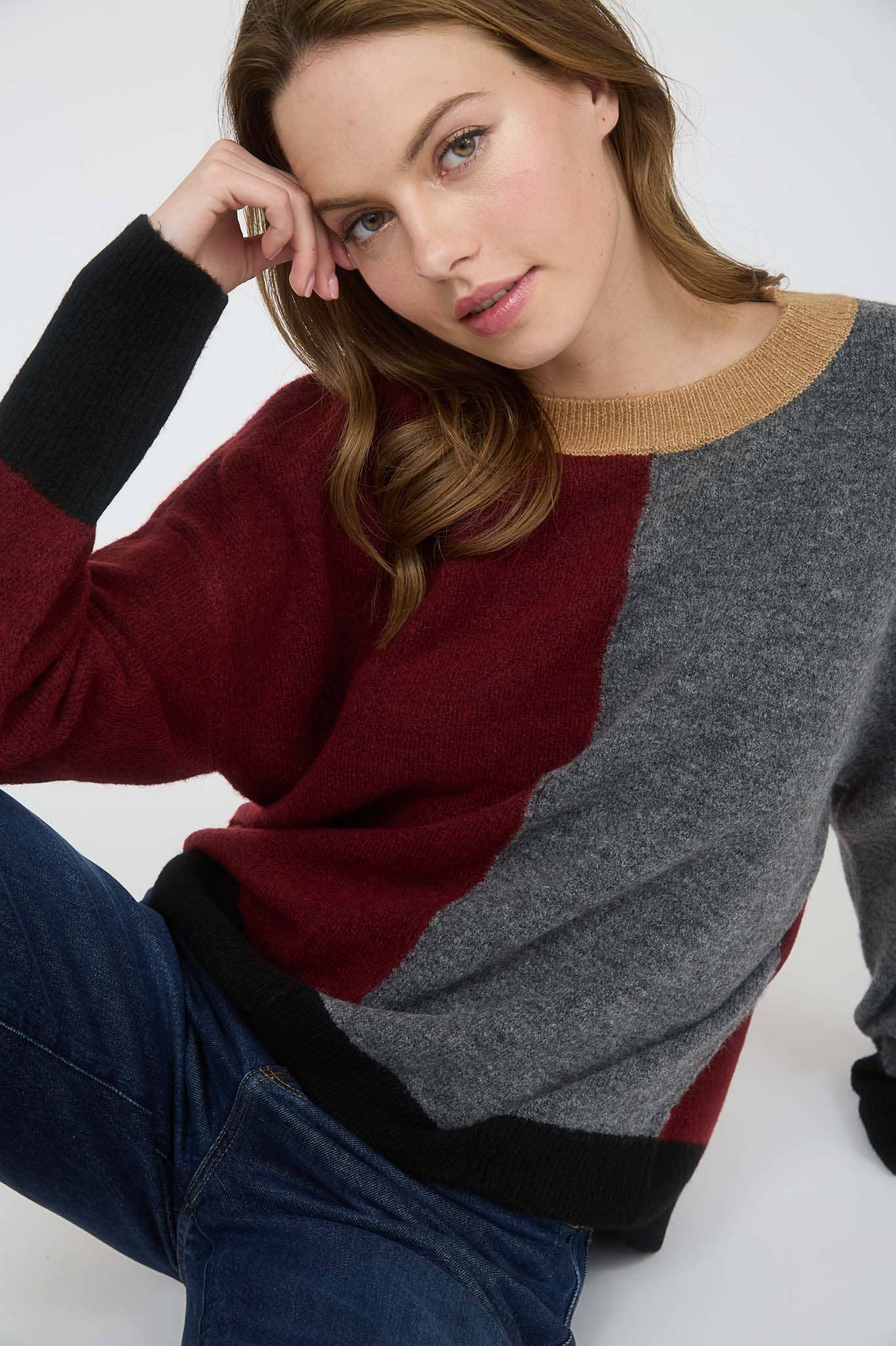 Red Wood Color Block Sweater