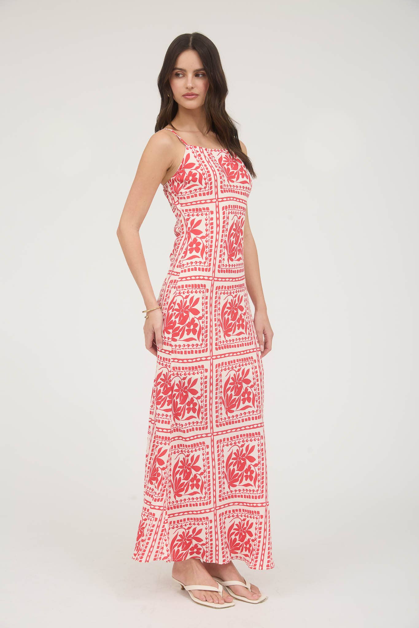 Floral Tile Print Spaghetti Strap Midi Dress