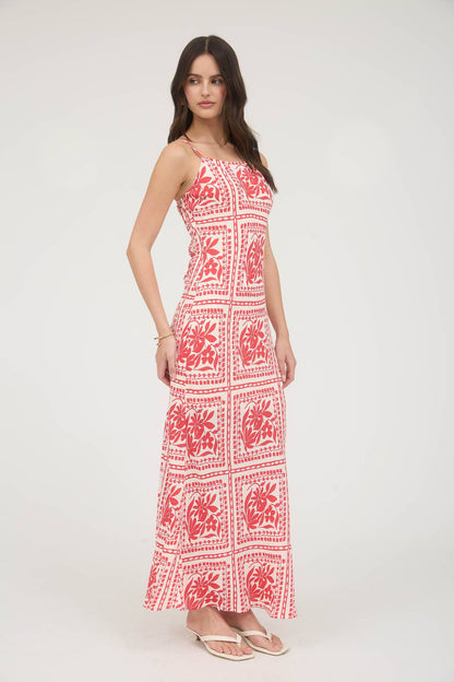 Floral Tile Print Spaghetti Strap Midi Dress
