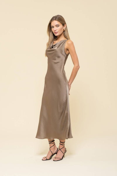 Satin Cowl Neck Sleeveless Midi Dress - Mocha