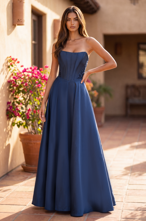 Immediate Apparel - Long Formal Corset Satin Ball Gown-Immediate Apparel-14-Navy-Bottoms Up Boutique