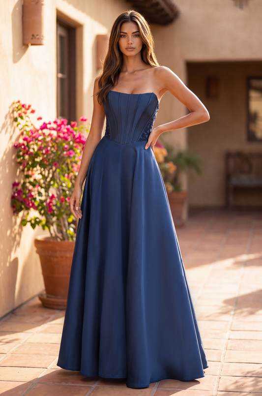 Immediate Apparel - Long Formal Corset Satin Ball Gown-Immediate Apparel-14-Navy-Bottoms Up Boutique