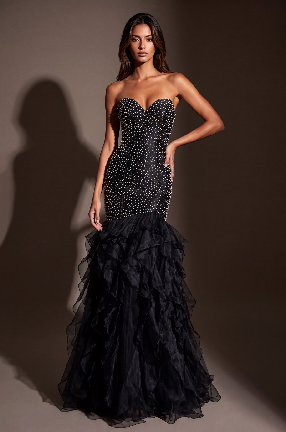 Immediate Apparel - Formal Pearl Beaded Tiered Mermaid Evening Dress-Immediate Apparel-Bottoms Up Boutique