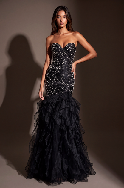 Immediate Apparel - Formal Pearl Beaded Tiered Mermaid Evening Dress-Immediate Apparel-Bottoms Up Boutique