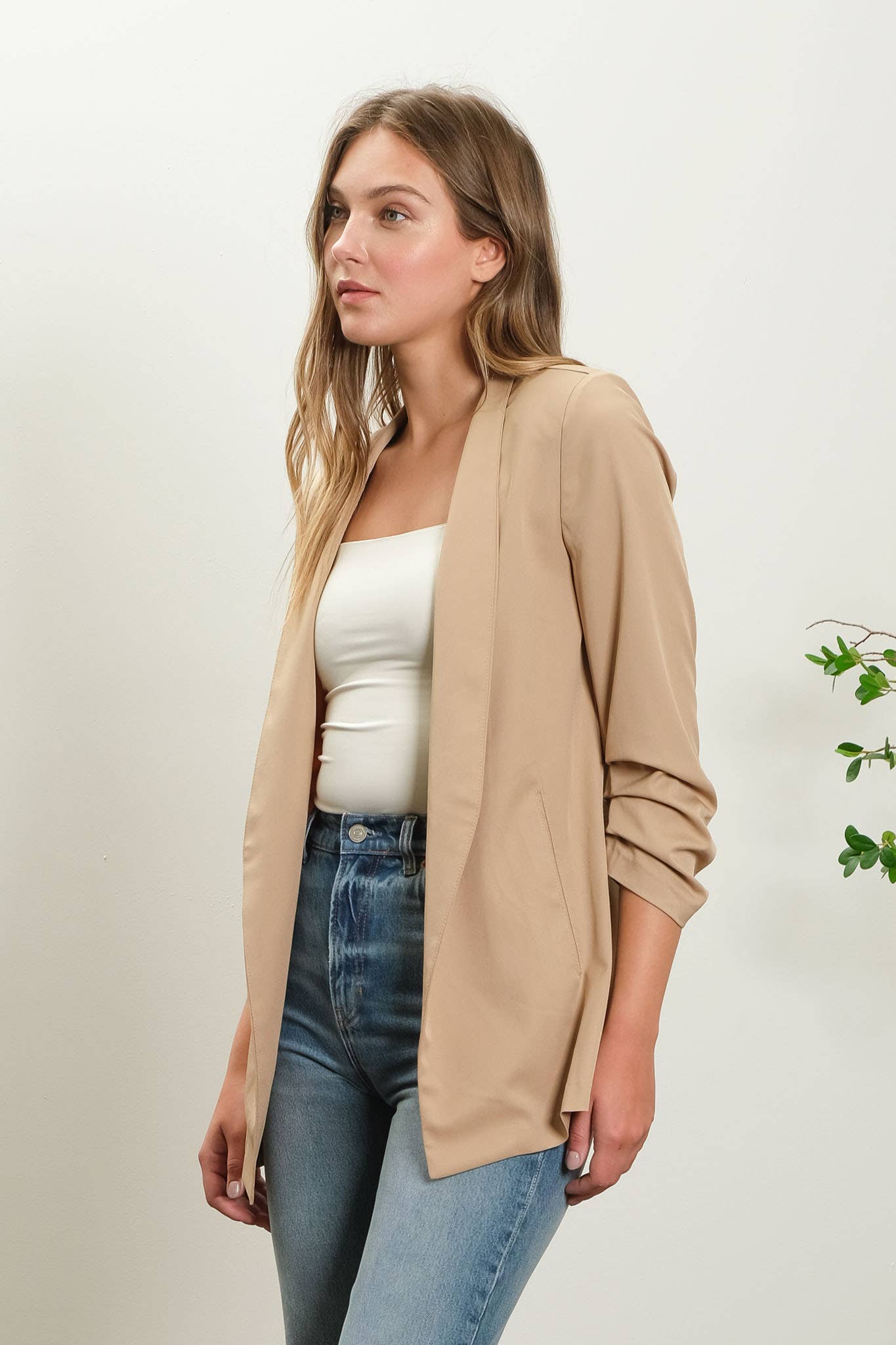 Collarless Ruched Sleeve Longline Blazer