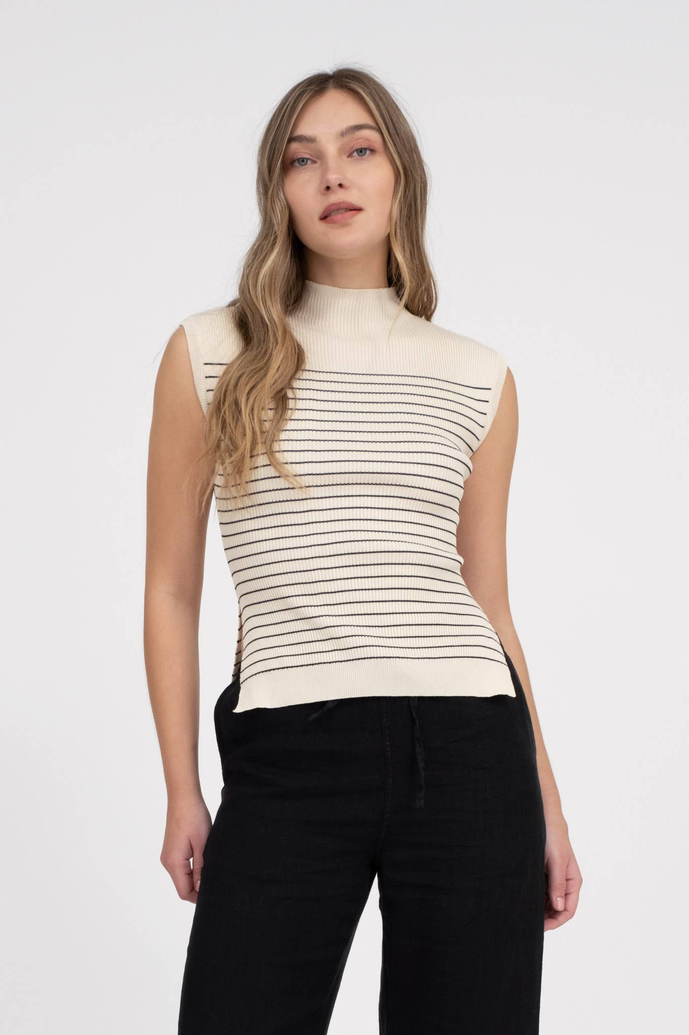 Stripe Mock Neck Sleeveless Sweater