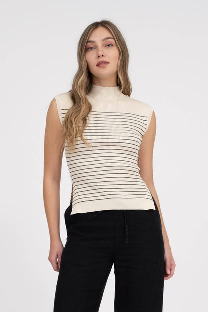 Stripe Mock Neck Sleeveless Sweater