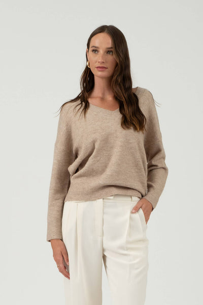 Taupe Drop Shoulder V Neck Sweater