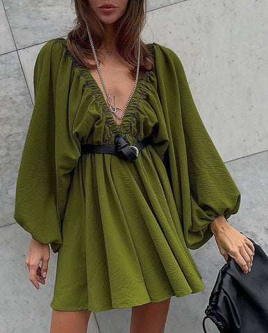 V-Neck Bubble Sleeve Dress