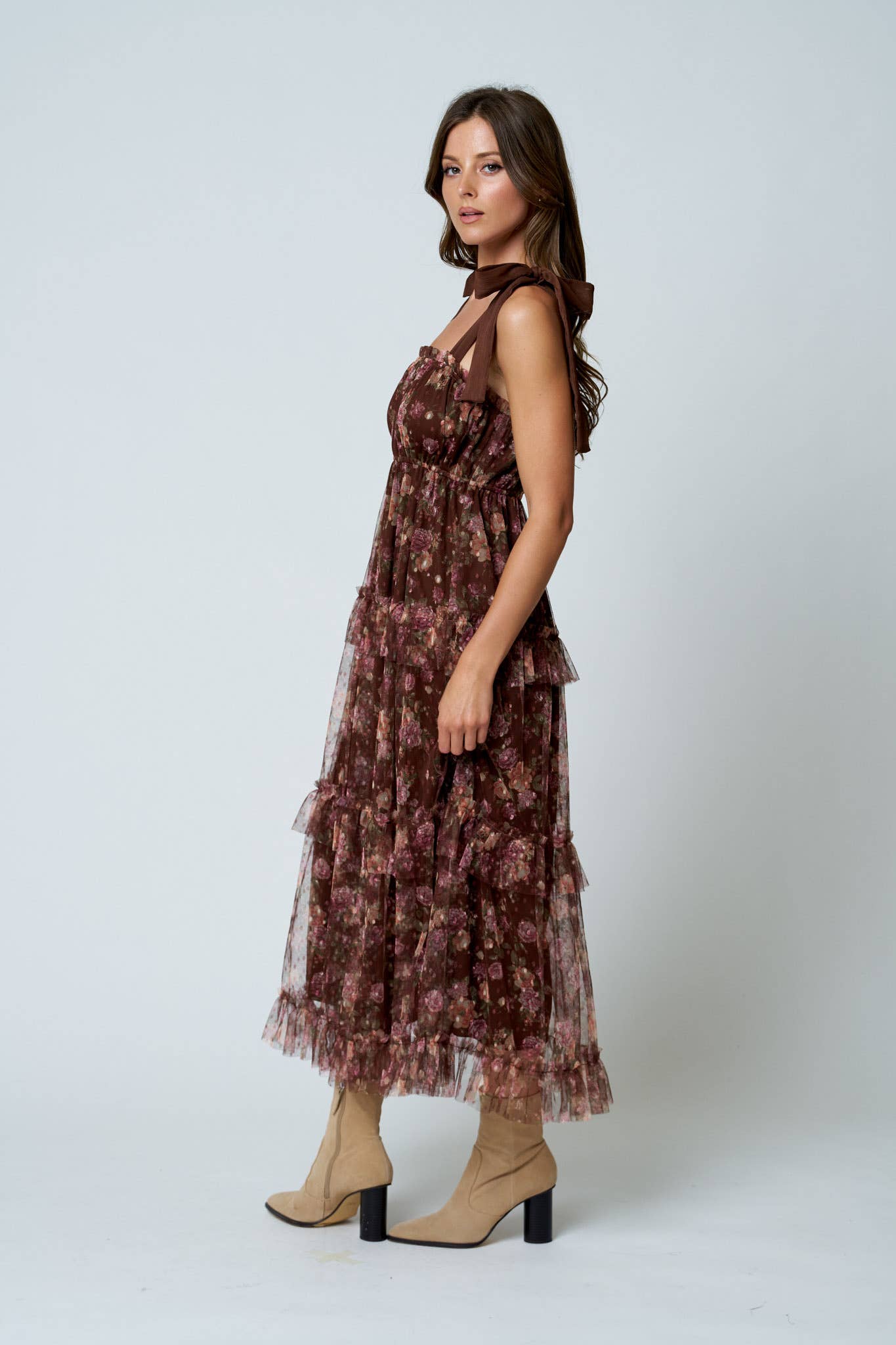 Floral Chiffon Tie Strap Midi Dress