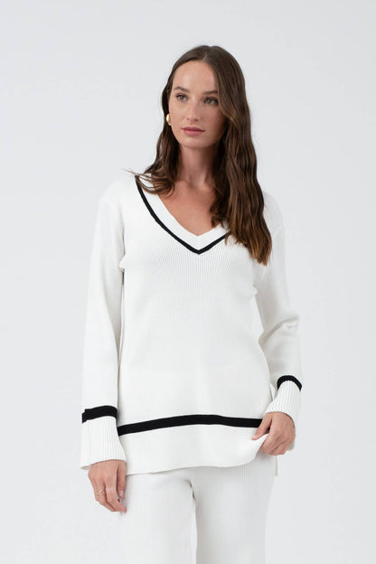 White Contrast V Neck Sweater