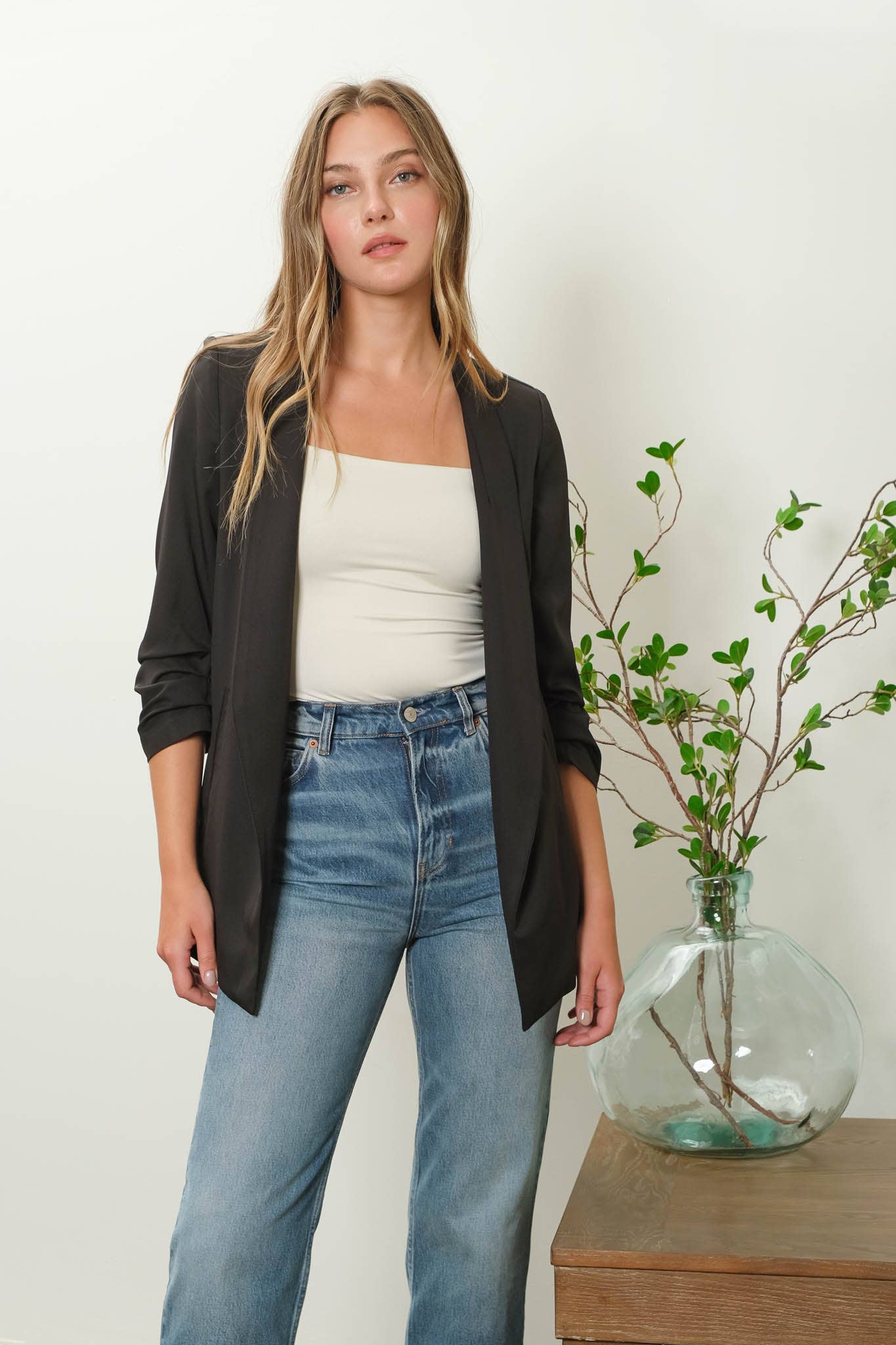 Collarless Ruched Sleeve Longline Blazer