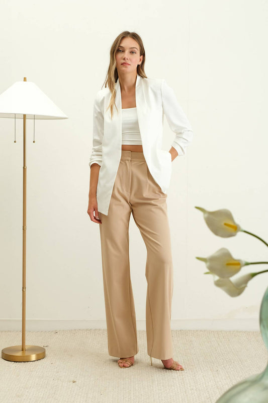 Collarless Ruched Sleeve Longline Blazer