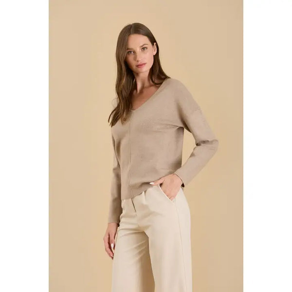 Solid V Neck Front Seam Sweater Mocha