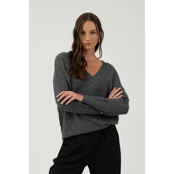 Charcoal Drop Shoulder V Neck Sweater