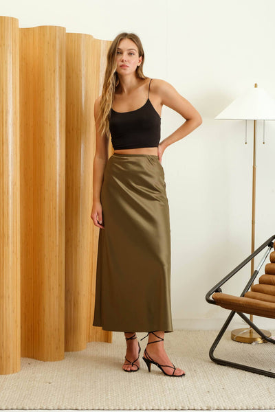 Olive Satin Midi Skirt