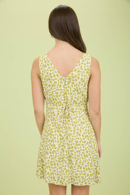 Olive Green Leaf Pattern V Neck Mini Dress