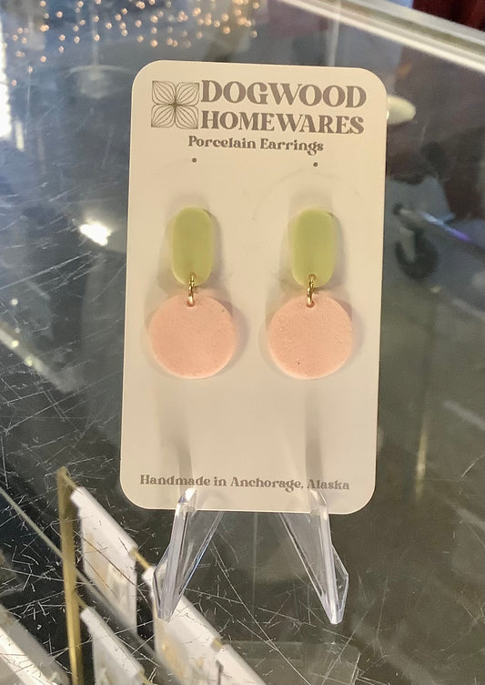 Gold w/ Green & Pink Circle Porcelain Earrings