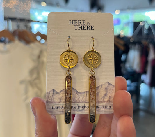 Destination Compass Vertical Bar Gold Plated Earrings-Kenai Beach Sand W/ MOP and Shell-Bottoms Up Boutique-Anchorage AK