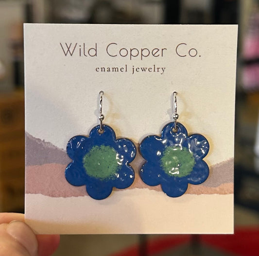Blue and Green Flower Enamel Coated Earrings